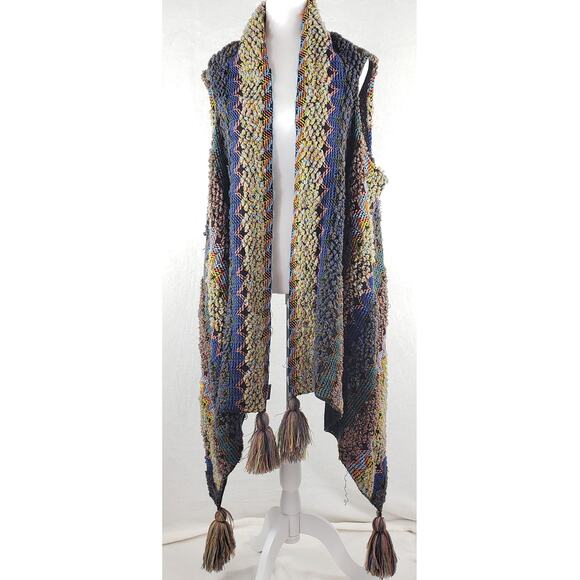 Boho Mad Style Long Cozy Sweater Vest With Tassels. Chevron Stripe Blue Green - Picture 1 of 7